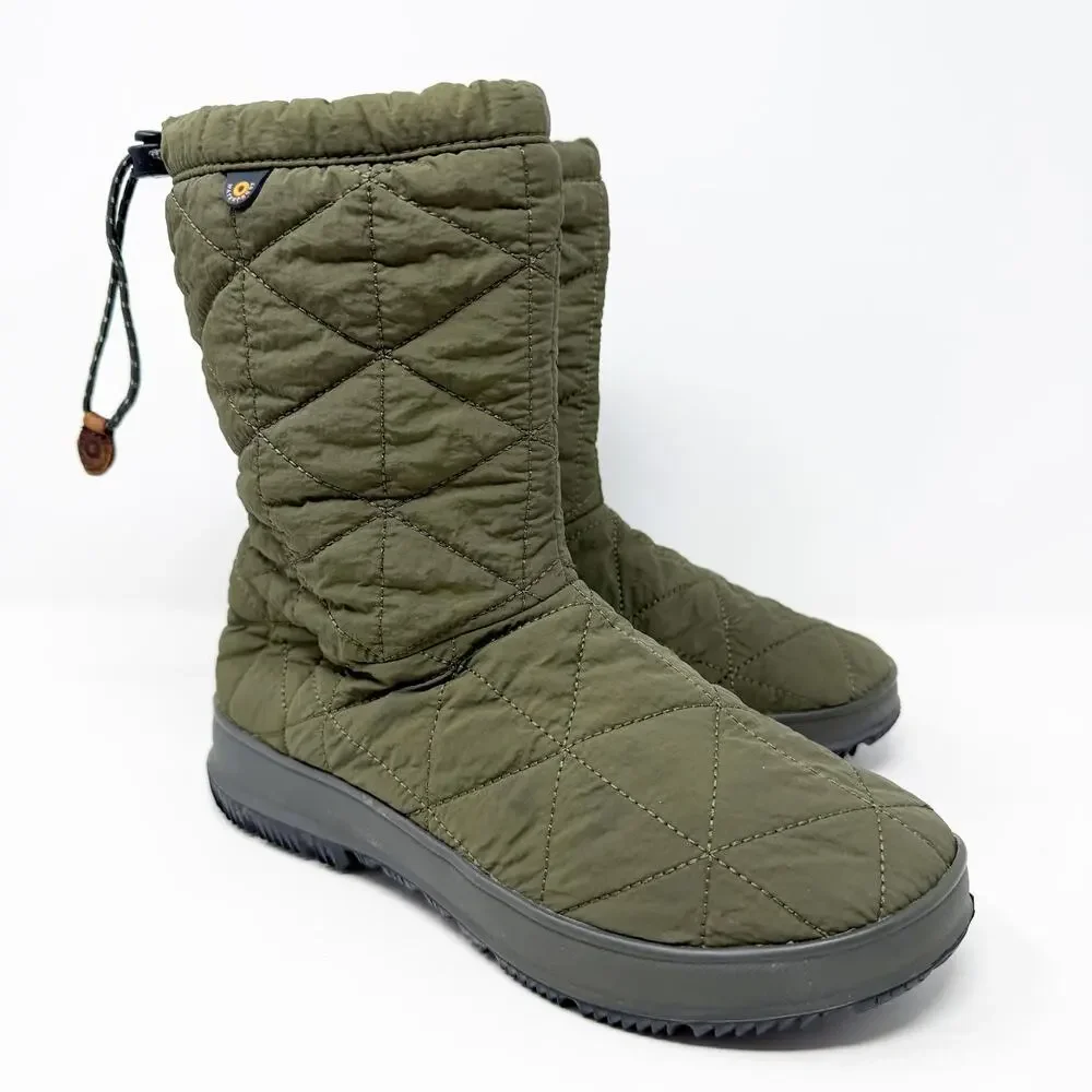 Bogs Olive Green Quilted Waterproof Snow Boots Size 8 Cinch Closure Fleece Lined
